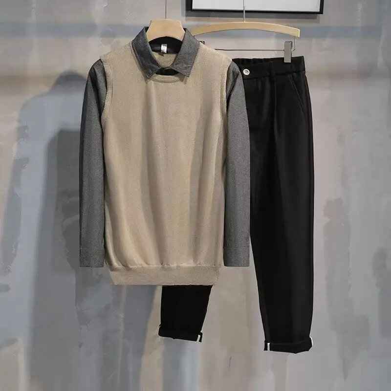 Business Office Fashion maglioni tinta unita falsi due pezzi nuova comoda camicia Slim con scollo a Polo autunno inverno vestiti maschili