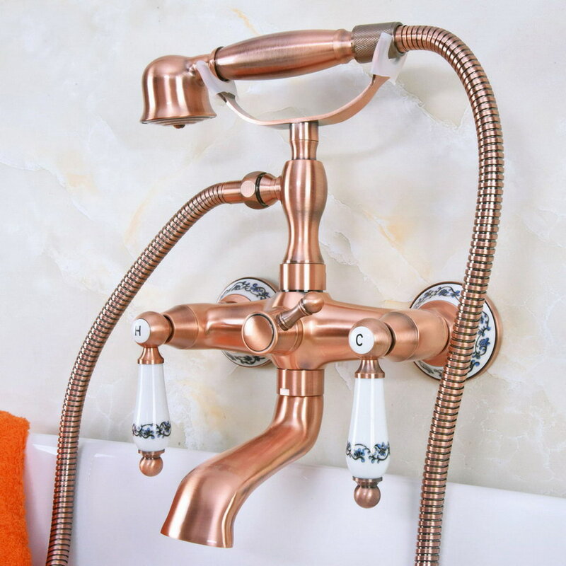 Bathroom Antique Red Copper Clawfoot Bathtub Faucet Wall Mounted Double Handle Tub Faucet With Handheld Showers Nna331