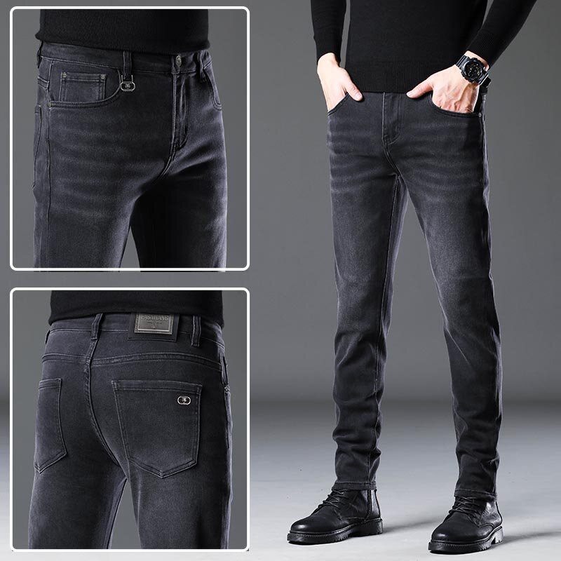 2024 gray jeans men's trendy all-match straight stretch slim fit fashionable simple high-end quality non-stick gray trousers