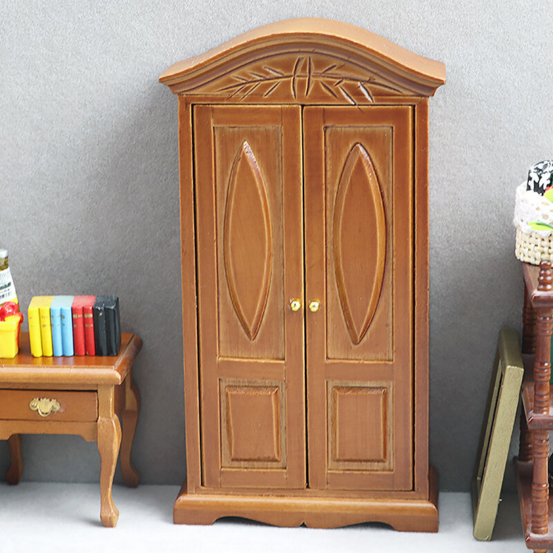 1/12 Dollhouse Miniature Vintage Wooden Cabinet Wardrobe Model Mini Closet House Furniture Retro Doll House Bedroom Decor