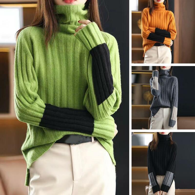 Sweater wanita, Sweater perempuan elastis lembut longgar, PAS, Sweater Turtleneck nyaman dengan pelindung leher warna hangat, Pullover rajut untuk wanita