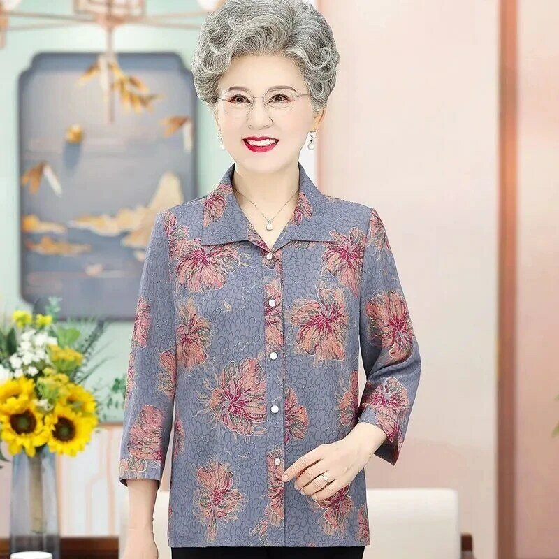 Old lady Seven Points Sleeve Large Size Shirt Tops Coat Summer Clothing For Middle-aged Elderly People Thin Style Blouse Jacket