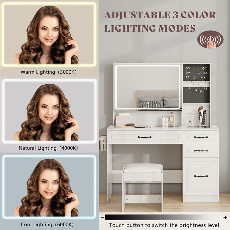 Makeup Vanity Table Set with Sliding & LED Lighted Mirror, Large Vanity with Charging Station, Visible Glass Desk,3 Lights Modes