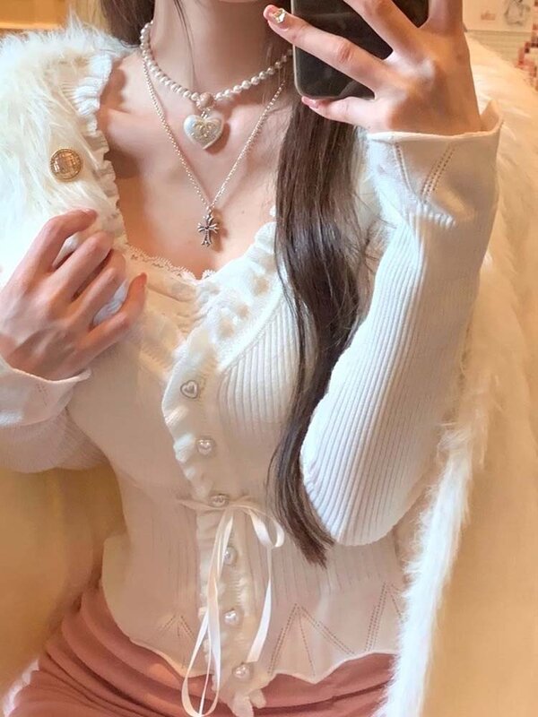 Свитер женский трикотажный с оборками, милая модная блуза в Корейском стиле, кружевная вставка в стиле пэчворк, имитация двух предметов