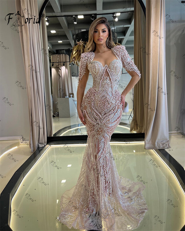 Gorgeous Dubai Pearls Mermaid Formal Evening Dresses Beads Lace Pageant Party Gowns Long Wedding Prom Dress 2023 Robe De Soiree