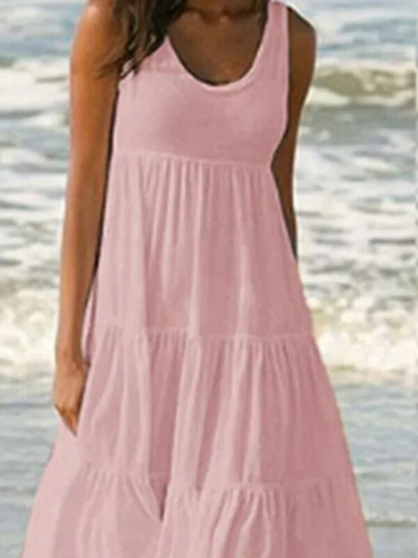 Свободное пляжное платье с оборками и круглым вырезом, без рукавов