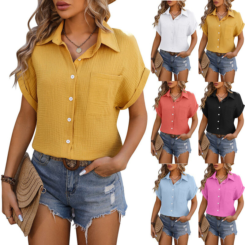 2024 Spring/Summer New European and American Women's Loose Short Sleeve Pocket Casual Wrinkle Cloth Women's Shirt