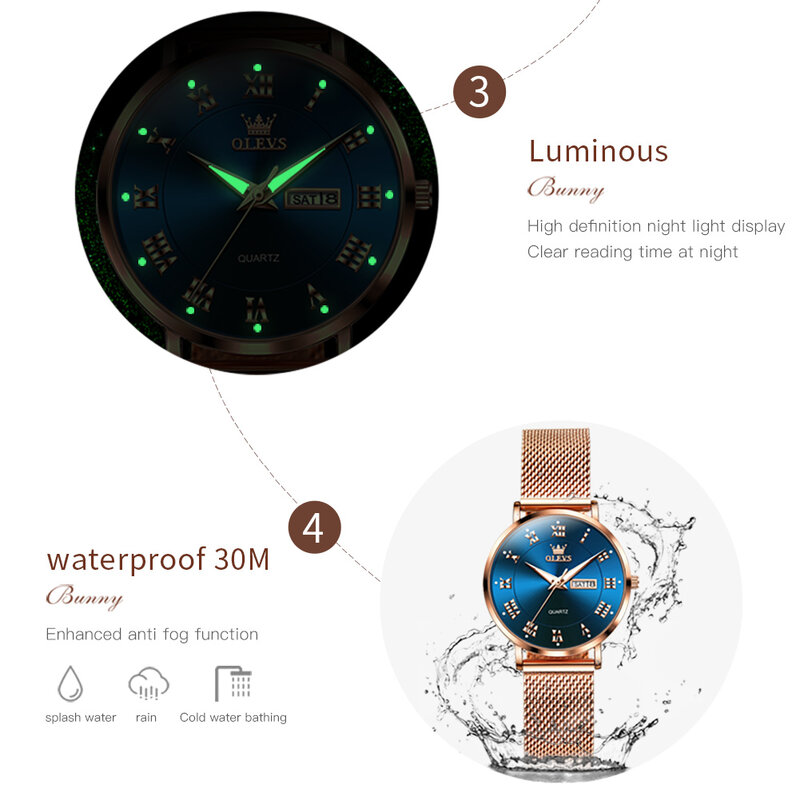 Olevs Luxe Merk Dameshorloges Week Kalender Mode Quartz Horloge Milanese Mesh Riem Waterdichte Lichtgevende Originele Vrouw