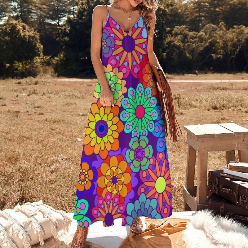 Vestido sem mangas estilo retrô flower power para mulheres, vestidos soltos de verão, flores hippy, 2024