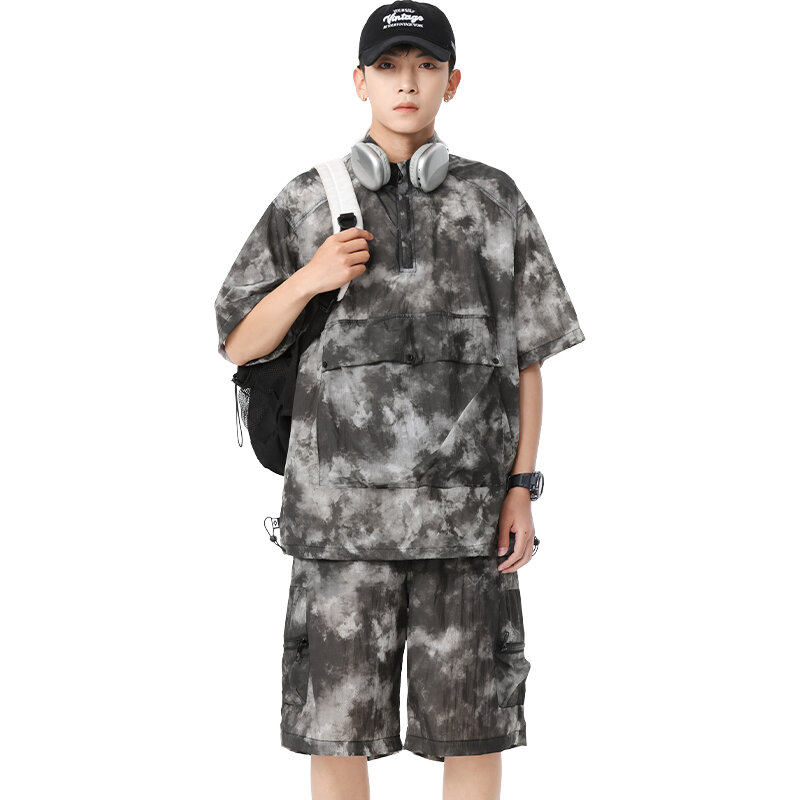 Casual 2-piece Unisex Street Clothing Loose Tie-dye Quick-drying Sun Protection T-shirt Shorts suit Summer Big Pocket Sportswear