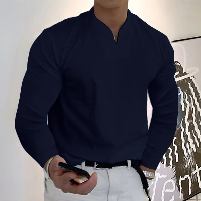 Мужская деловая рубашка с V-образным вырезом, с длинным рукавом