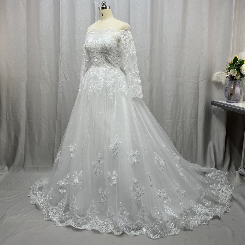 2022 кружевные свадебные платья с длинным рукавом, бальное платье, фатиновое свадебное платье с открытыми плечами для невесты, свадебные платья, свадебные платья