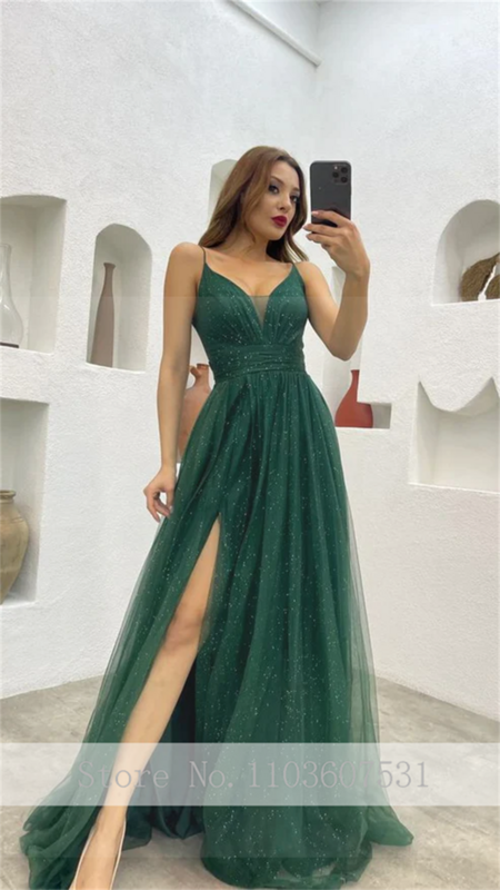 Spaghetti Straps V-neck Sparkly Tulle Formal Prom Dress for Bridal A-line Court Prom Party Gown with High Split vestido festa