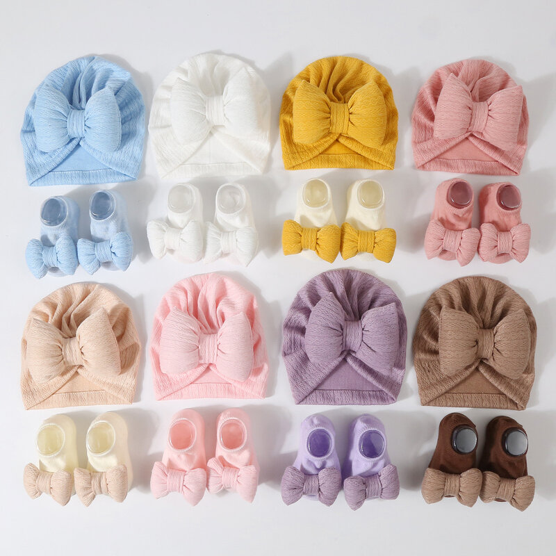 Newborn Baby Hat For Girls Elastic Knit Children Turban Baby Bows Soft Cotton Kids Headwear Hair Accessories with Baby Socks