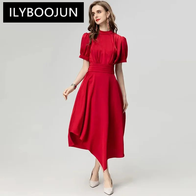Модное дизайнерское весенне-летнее женское платье ILYBOOJUN с воротником-стойкой и бантом на шнуровке, асимметричное однотонное яркое платье в стиле High Street