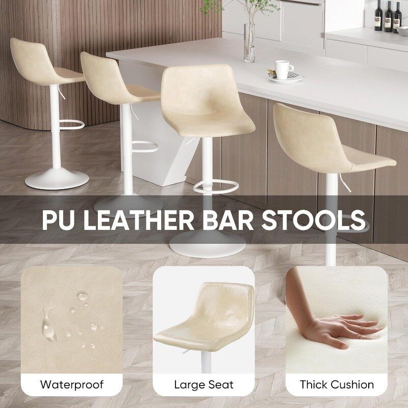 Ajustável PU Leather Bar Stools, Modern Swivel Bar Stool, Cadeiras Contra Altura, Conjunto de 4