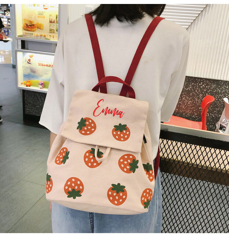 Personalized Backpacks Women Kawaii Fruits Printed Sweet Mori Girls Portable Students Canvas Rucksack Embroidery Name School Bag