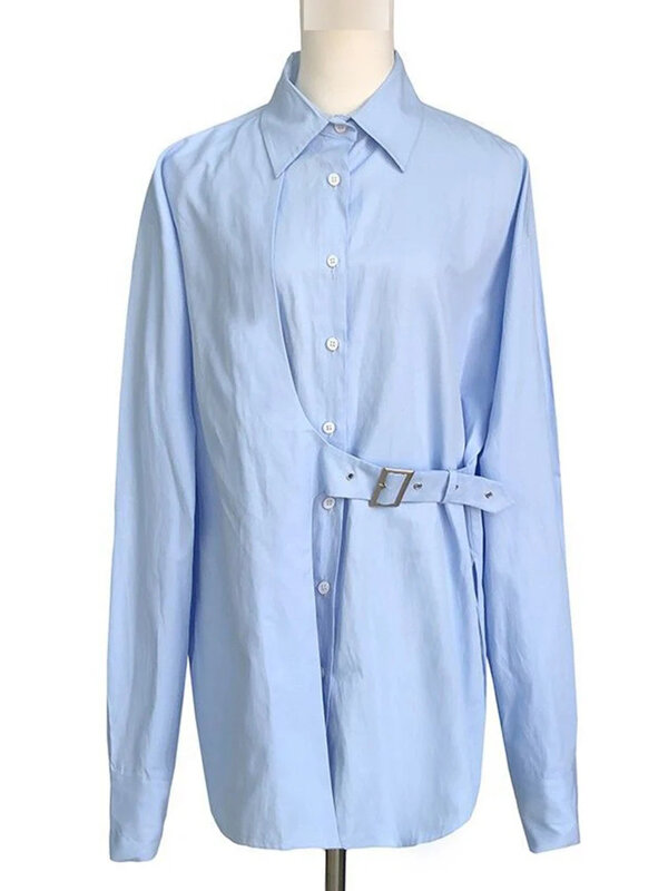 قميص نسائي فضفاض غير متماثل مزاجه ، قمة فريدة من نوعها ، أحادي اللون ، كاجوال ، تصميم أنيق ، طبعة كورية ، ملابس نسائية