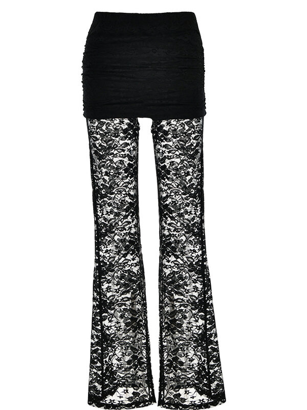 Fantoye kwiecisty nadruk przejrzeć koronkowe spodnie damskie czarne wydrążone spodnie z wysokim stanem kobiece jesienne nowe codzienne na zewnątrz Streetwear