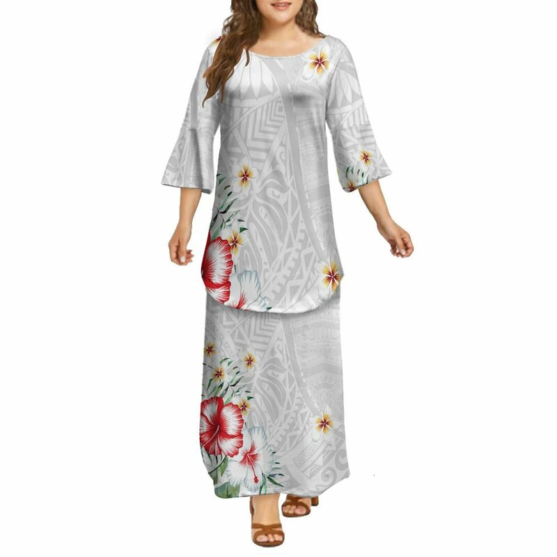 2024 zeigte Frauen ausgestellte Ärmel Doppels chicht Kleid Set polynes ischen Stamm benutzer definierte Puletassi ethnischen Kleid