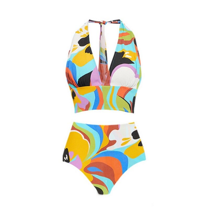 Bikini con cuello Halter y falda para mujer, traje de baño Sexy con bloque de Color, venta al por mayor