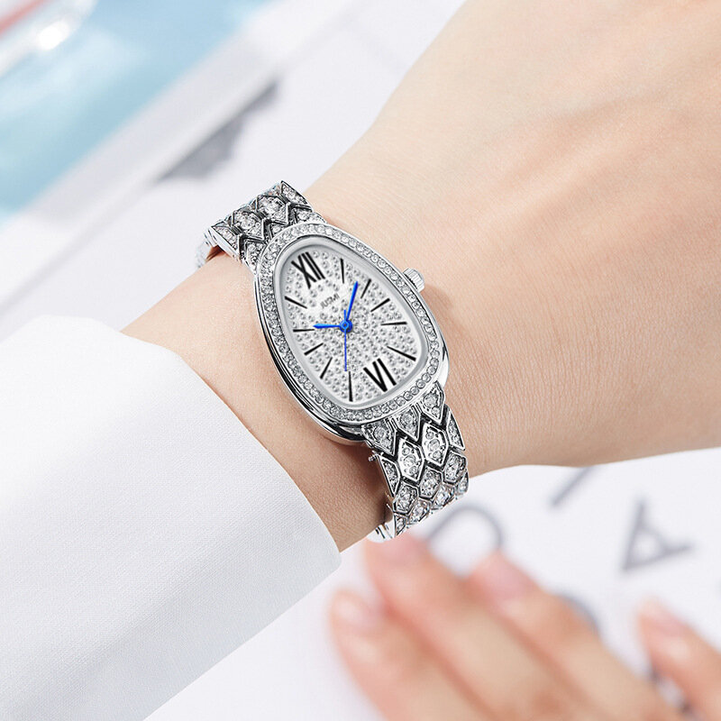 Orologi al quarzo di lusso da donna orologio con cinturino in acciaio ovale con diamanti pieni