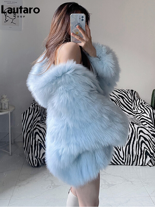 Lautaro Winter Shaggy Hairy Thick Warm Soft Colored Faux Fur Jacket Women with Hood Bat Sleeved Loose Casual Designer Clothes