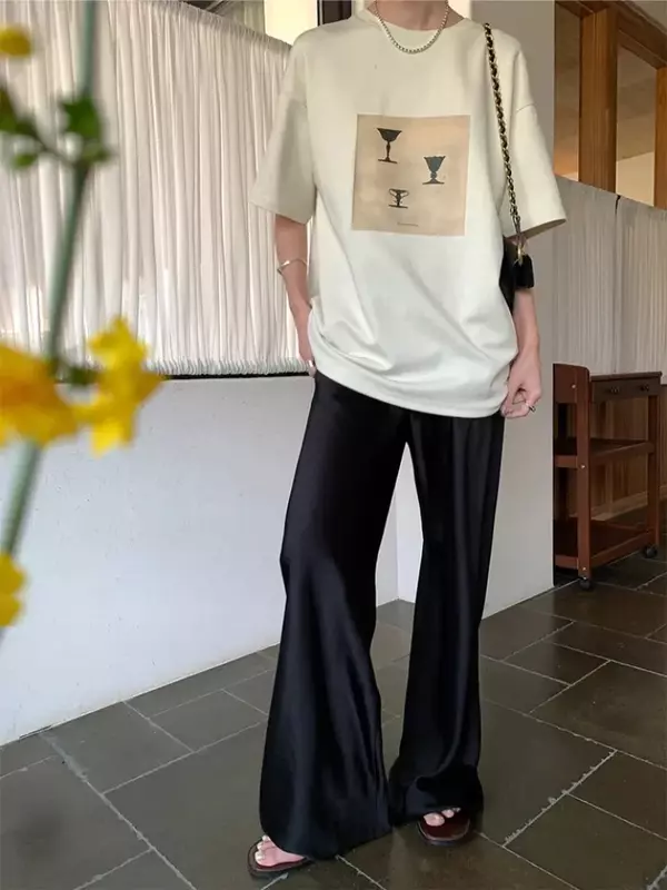 Pantaloni a gamba larga in raso Deeptown pantaloni bianchi eleganti da donna Casual larghi stile coreano estate 2024 abbigliamento da ufficio femminile pantaloni neri