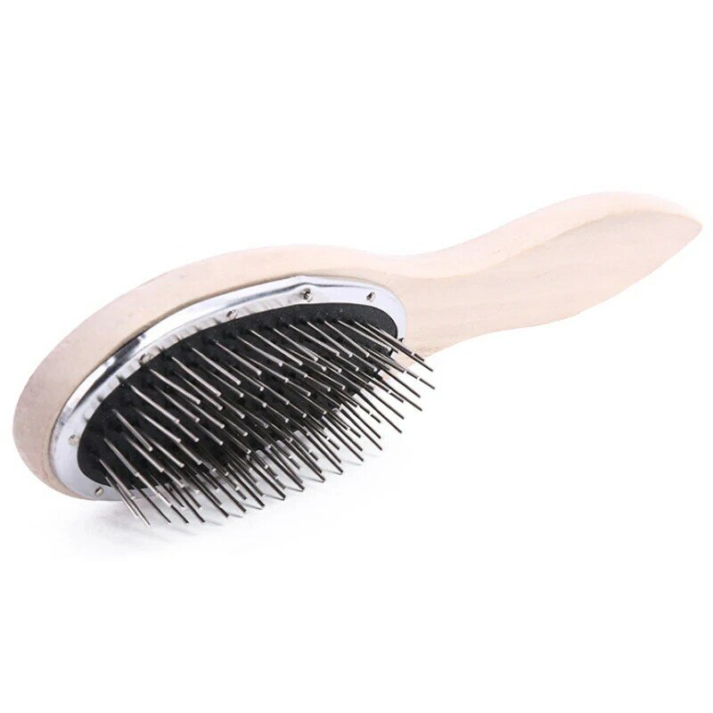 Escova de madeira Handle Detangling Hair, Aço Hair Combs, Cabeça Redonda de dentes largos, Escova de massagem, Barber Metal Comb, Wig Styling