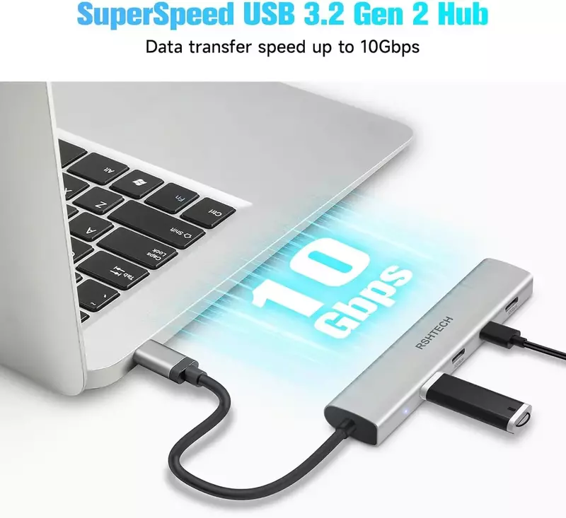 RSHTECH 맥북 노트북용 USB C 허브, 휴대용 분배기, 알루미늄 USB C타입-USB C 어댑터, 10Gbps 4 포트 USB 3.1/3.2 Gen2 허브