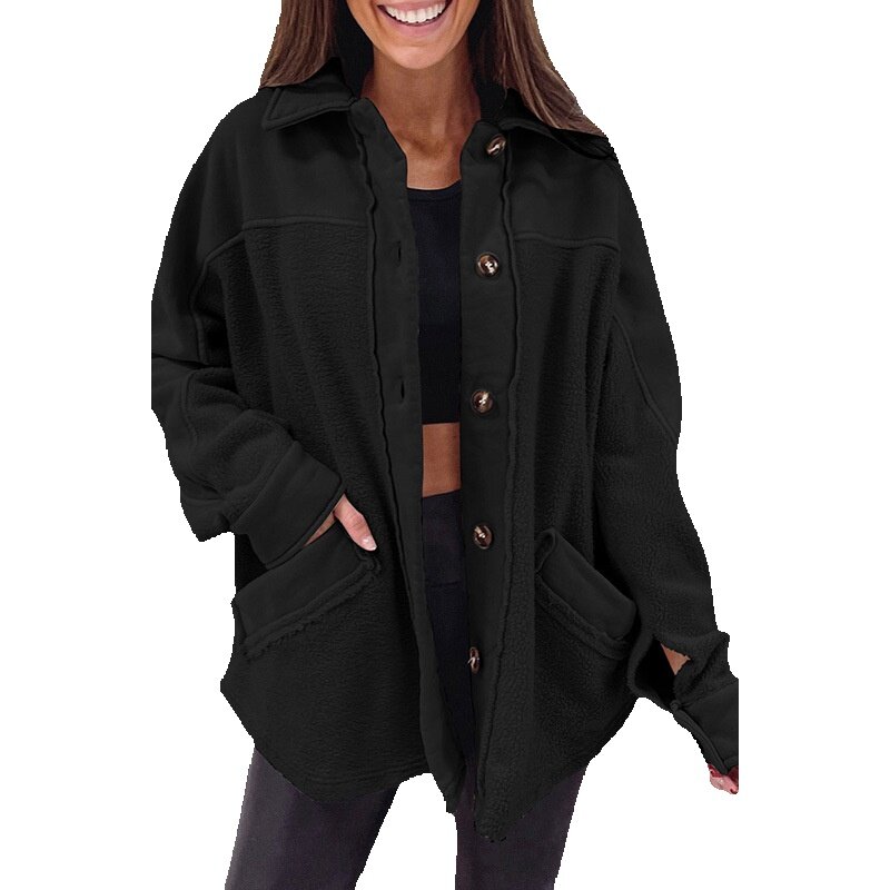 여성 루즈핏 캐주얼 스타일 단추 포켓 재킷, 긴팔 코트, 단색, 가을 신상