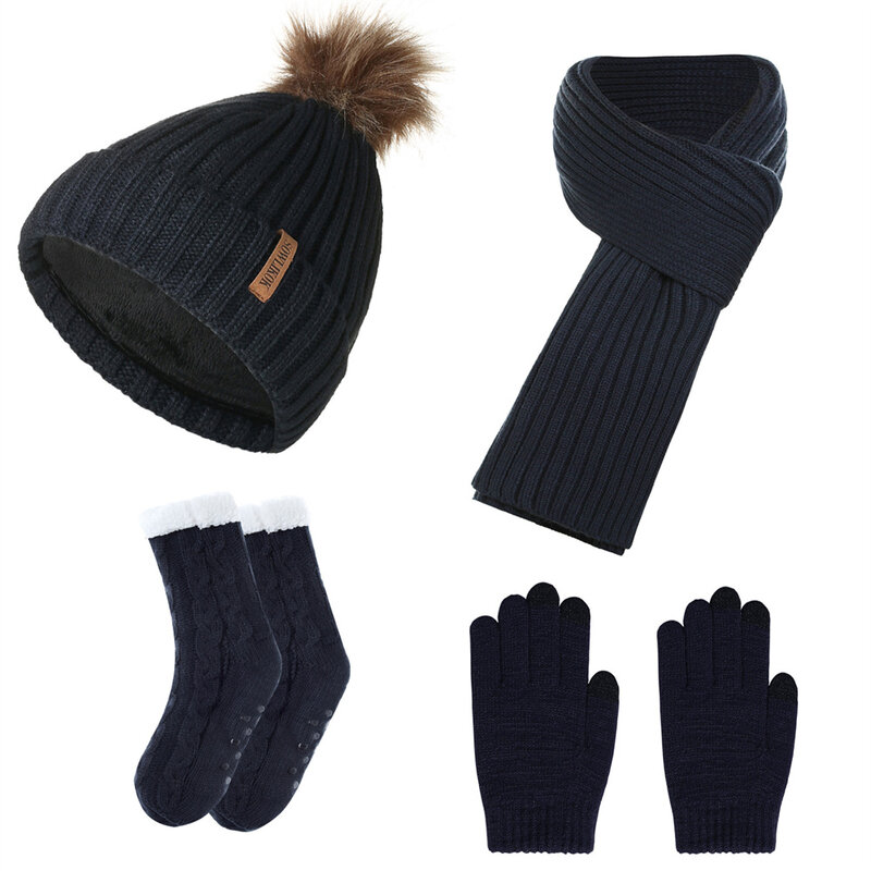 4 buah set kaus kaki syal topi musim dingin rajutan tetap hangat lembut tebal hadiah Tahun Baru 2024 anak laki-laki dan perempuan bulu domba natal