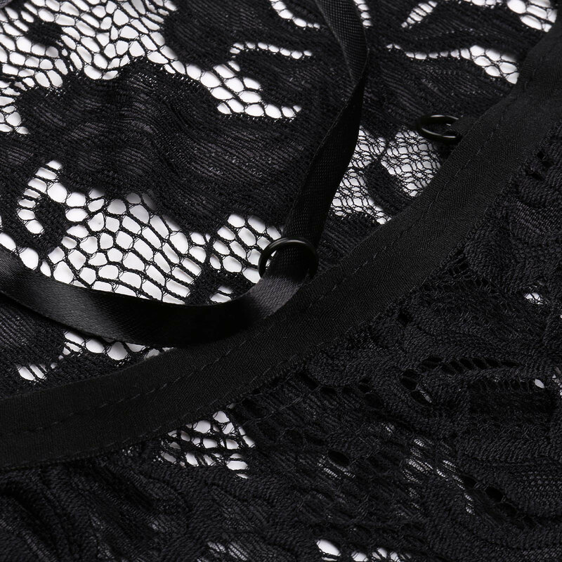 Bodysuit renda Sensual wanita Lingerie seksi transparan celana ketat hitam tembus pandang Bodysuit erotis tanpa tali Sissy