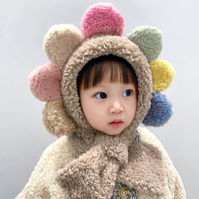 겨울 어린이 귀 보호 플러시 목 따뜻한 모자, 따뜻한 아기 꽃 레이스 업 스카프, 부드럽고 두꺼운 방풍 풀오버 캡