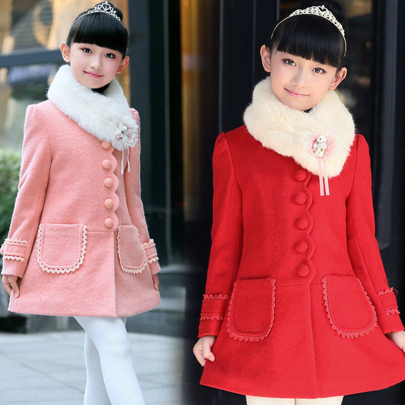 ملابس الفتيات الشتوية معطف سميك متوسط الطول صوف ياقة معطف دافئ جديد للأطفال سترات للأطفال للبنات