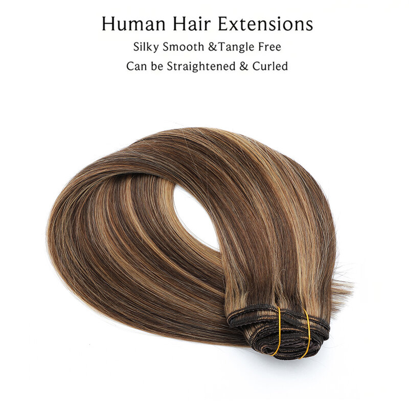 Ekstensi rambut klip lurus dalam rambut manusia mulus coklat Ombre tidak terlihat cokelat ke pirang karamel P4/27 # rambut Cynosure 70g