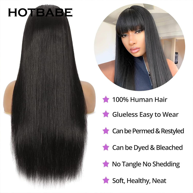 HOTBABE-Peluca de cabello humano liso sin pegamento, postizo de encaje Frontal con flequillo, densidad de 350, 13x6, HD, predesplumada, 360