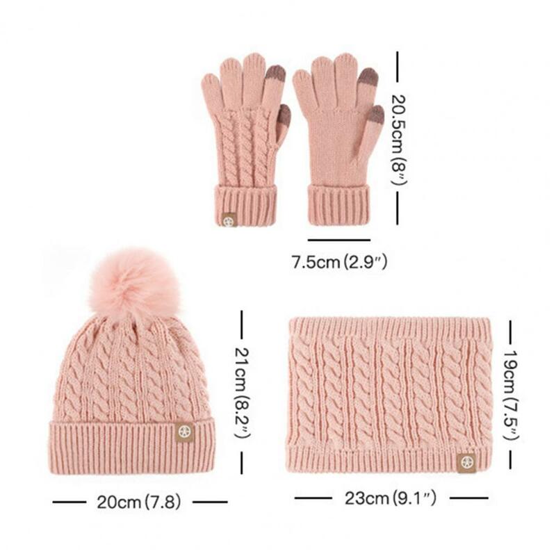 Knitted Kids Hat Kids Winter Outdoor Windproof 3pcs Set Knitted Thickened Pompom Beanie Scarf Full Finger Gloves Kit for 5-12