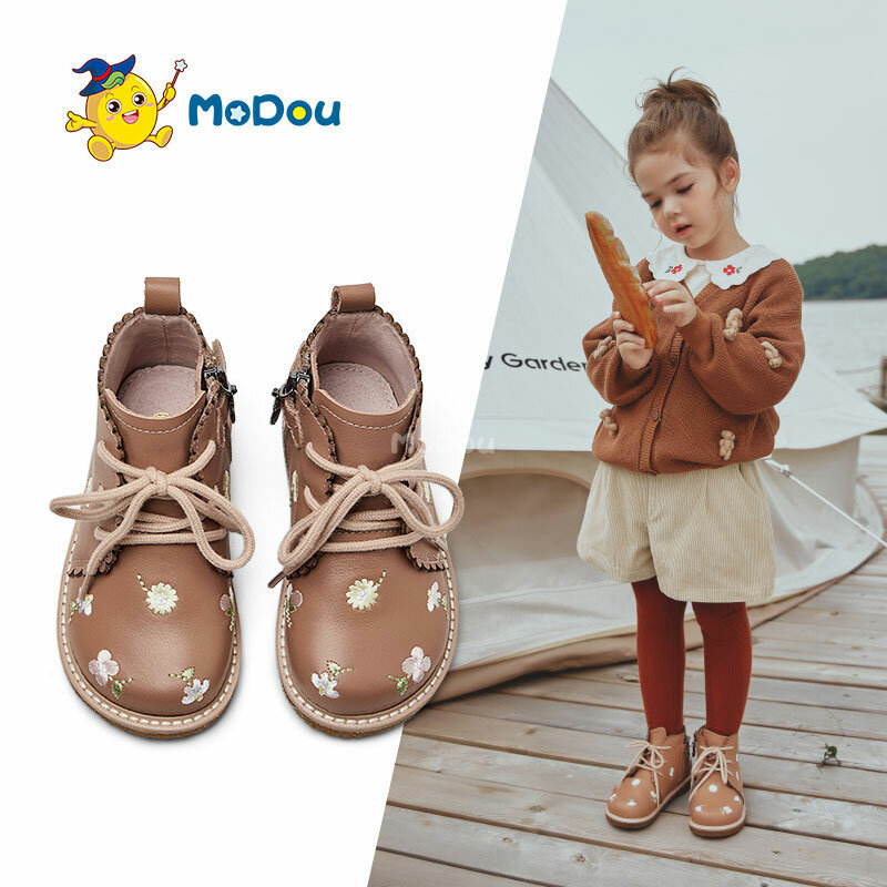 Детские ботинки со шнуровкой Mo Dou, ботильоны из натуральной коровьей кожи с вышивкой в стиле ретро, Осень-зима 2024