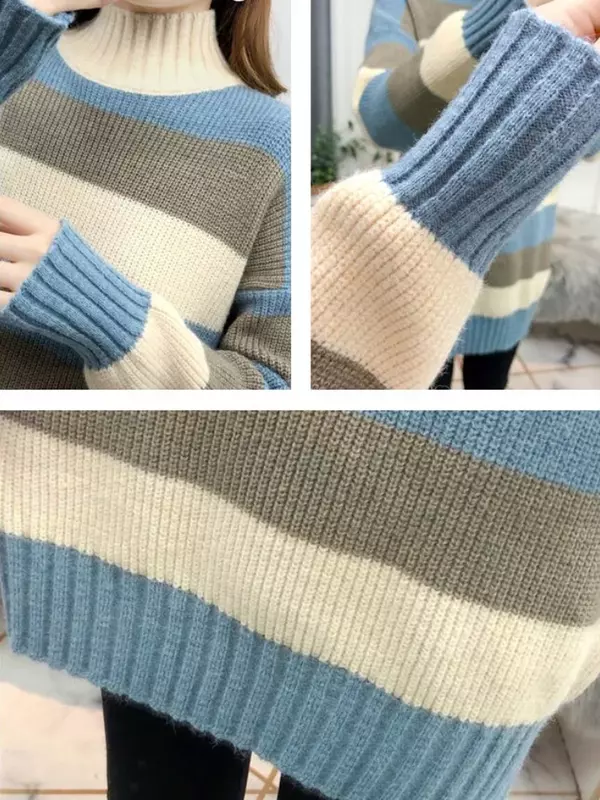 Fashion Tops Women Winter New Loose Mid-length Wide Striped Thick Color Matching Half Turtleneck Knitted Pullover Women's E273