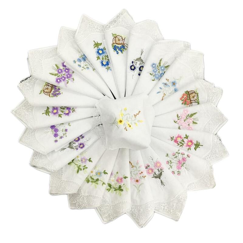 Pañuelos de encaje bordados elegantes para mujer, pañuelos florales de mariposa, 12 unidades