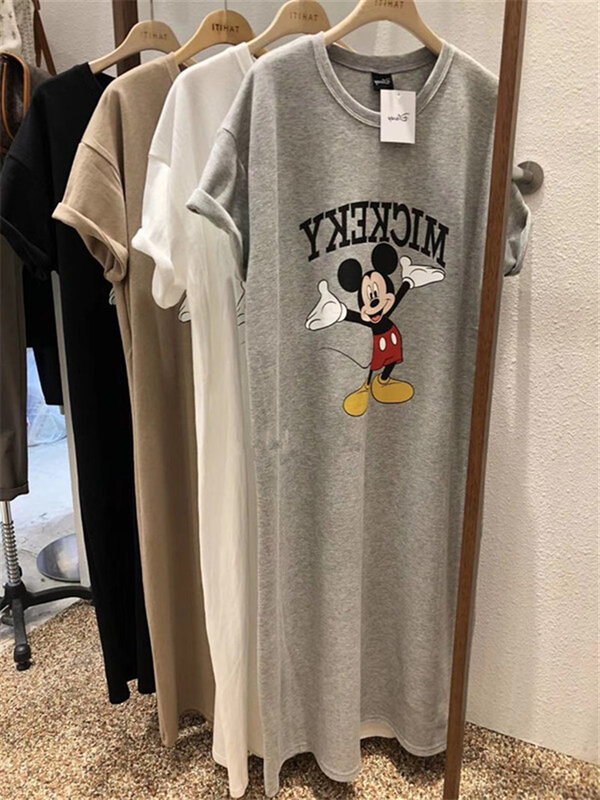 Zomertrend Nieuwe Mickey Mouse Vrouwen Jurk Cartoon Losse Korte Mouwen Over-De-Knie Sexy Lange T-Shirt Rok Jurk