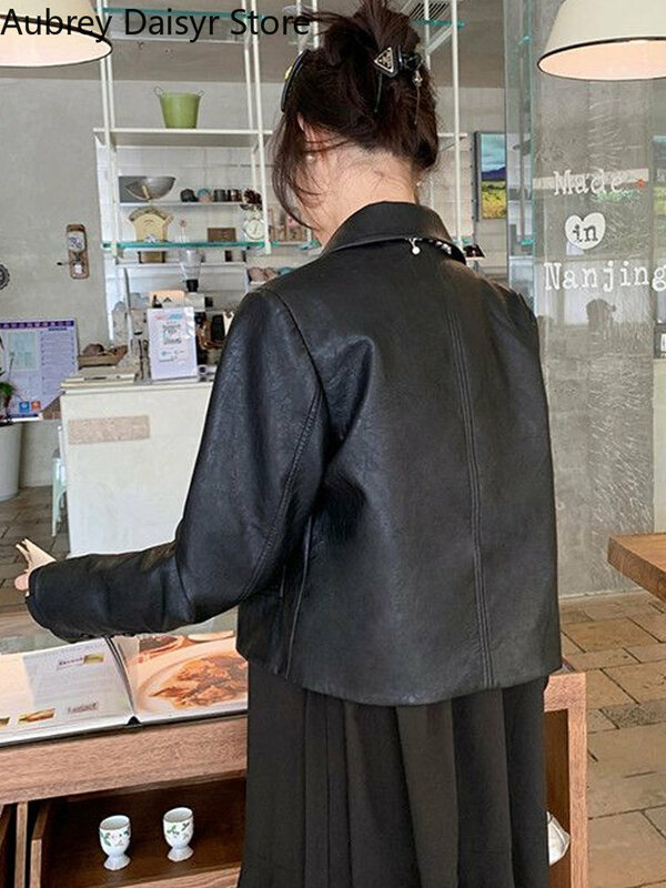 Koreanische Mode schwarze Lederjacke Frauen Streetwear Vintage Knopf Anzug Blazer lässig einreihig High Street dünnen Mantel