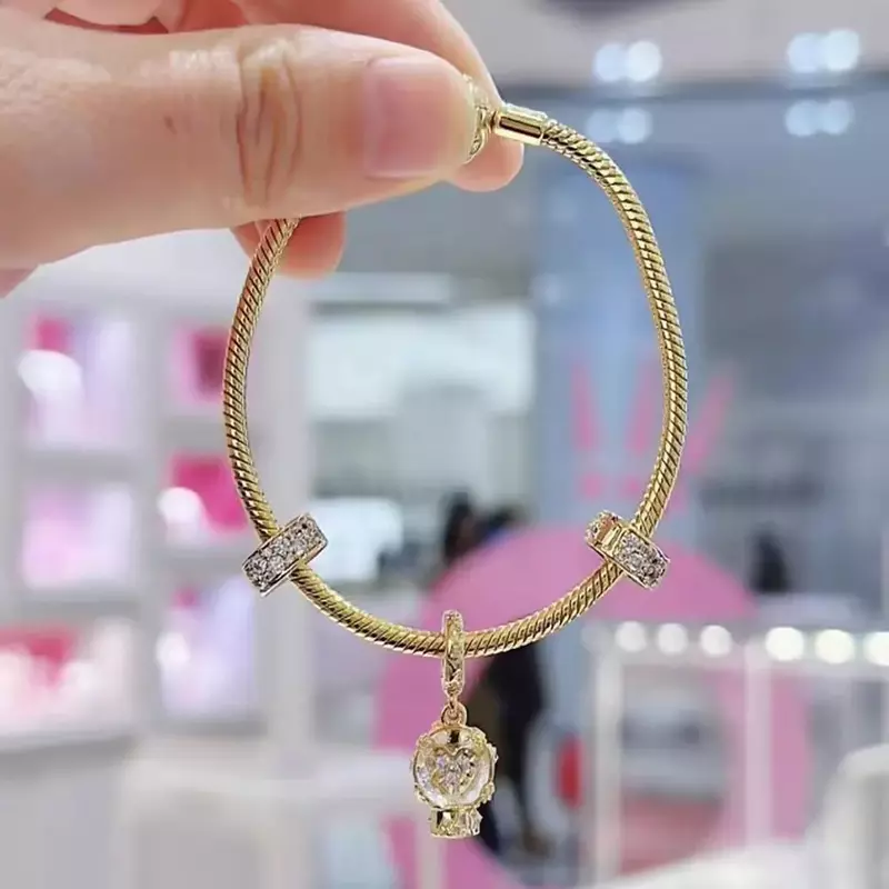 925 Sterling Silver Golden Snowflake Magic Ball Pendant Bead Fit Pandora Women Charms Original Design Bracelets DIY Jewelry Gift