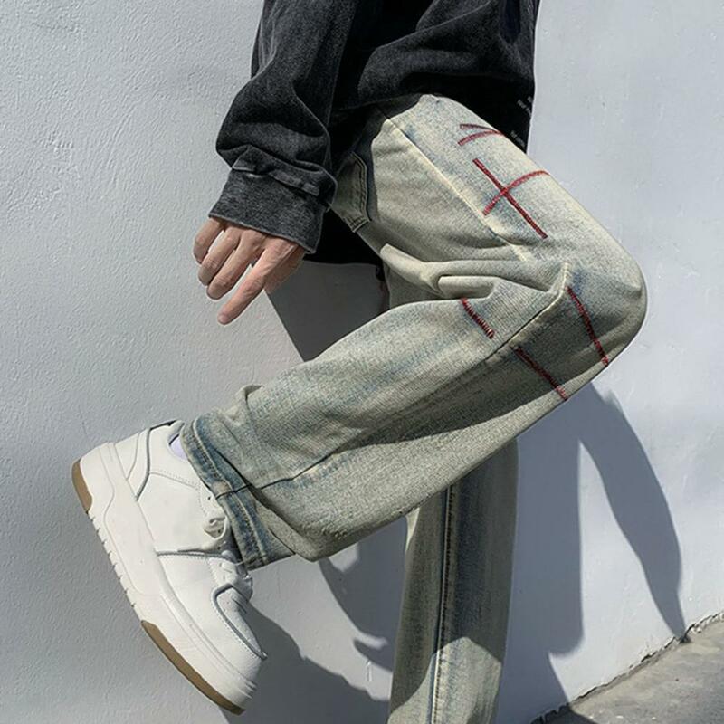 Men Spring Jeans Streetwear Denim Trousers Wide Leg Ripped Stripes Hip Hop Style for Men's Fashion Soft Stylish for Spring/fall