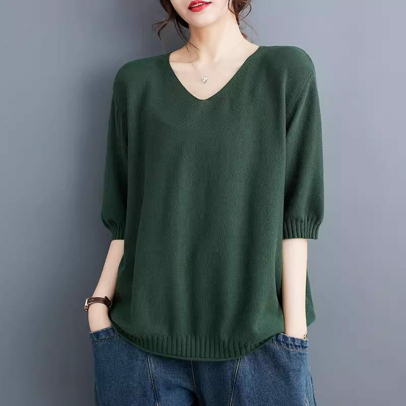 2024 Spring/Summer Women's Sweater Pullover Literary Style Large Size Knitted V-Neck Top Short Sleeve T-Shirt K676