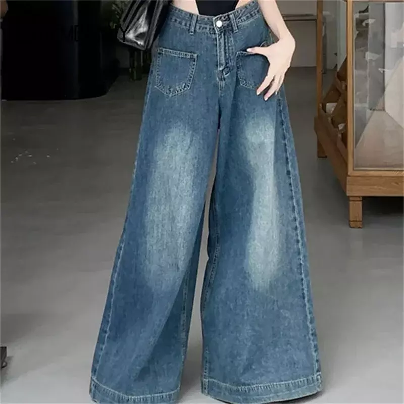 Pantalones vaqueros de pierna ancha para mujer, pantalón holgado de cintura alta estilo Retro americano, drapeado, diseño de sentido, acampanado, 2023