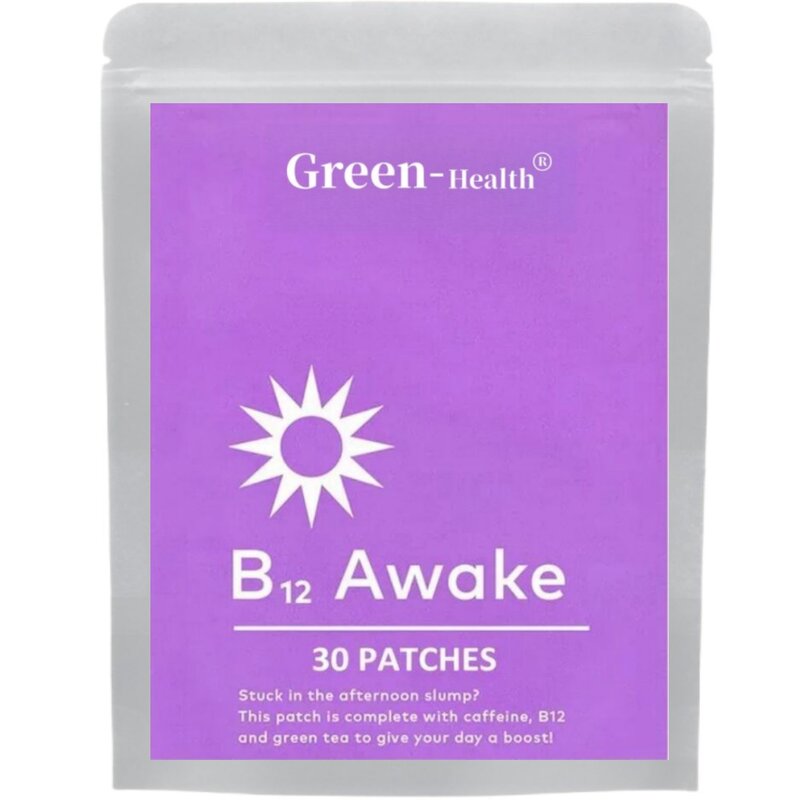 B12 بقع مستيقظة عبر الجلد ، مكونات نباتية ، مملوء بالكافيين ، B12 ، خلاصة الشاي الأخضر ، 30 رقعة