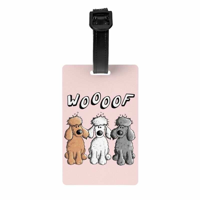 Woof etiqueta de equipaje de caniche para maletas, etiqueta de equipaje de perro de dibujos animados divertidos, cubierta de privacidad, tarjeta de identificación de nombre
