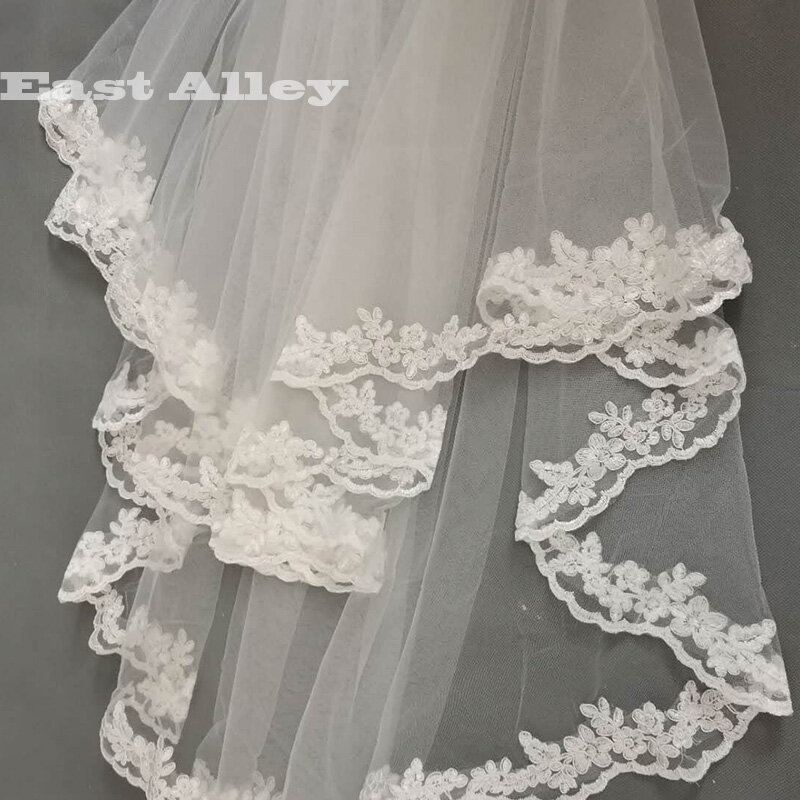 Gambar asli 2 lapisan tepi renda gading kerudung pengantin pernikahan pendek dengan sisir Aksesori pernikahan Veu De Noiva kerudung wajah